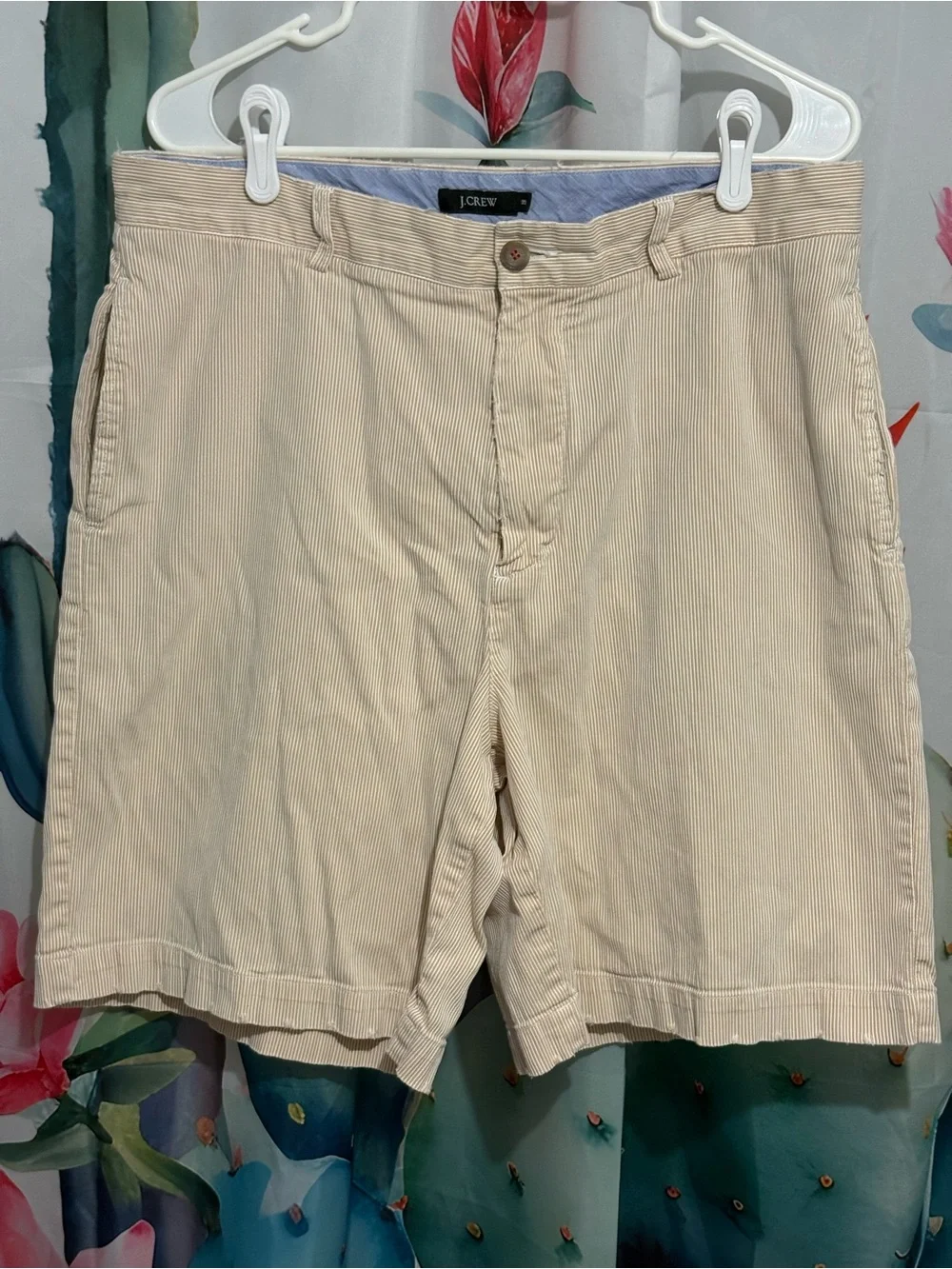J.CREW Mens Beige White Stripe Chino Shorts Cotton Flat Front Slash Pockets